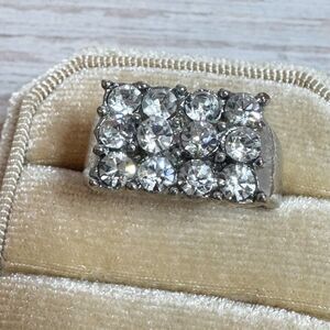 Vtg Silver Tone Cocktail Ring Rectangle Sparkling Clear Rhinestones Cluster Sz 9